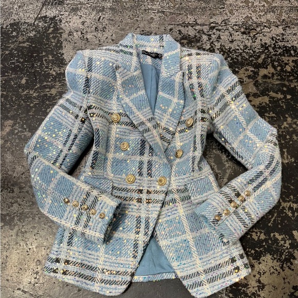 Baby Blue Tweed Sequin Blazer Balmain Blazer Inspired - Picture 2 of 4
